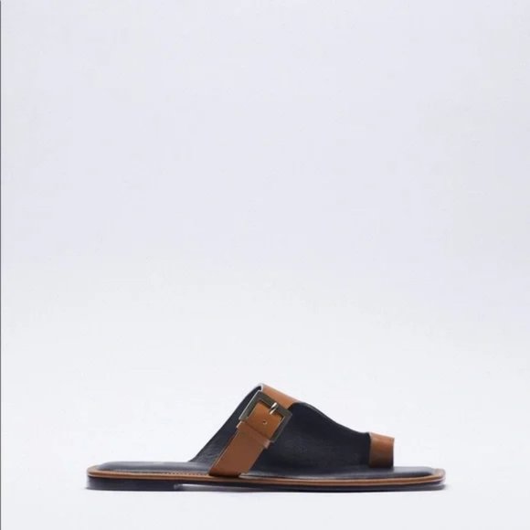 NWT ZARA Asymmetric Flat Genuine Leather Sandals With Buckler - Picture 5 of 7